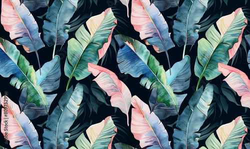 A seamless pattern of watercolor pastel pink, green and blue banana leaves on navy background, showcasing the intricate details in their textures and colors