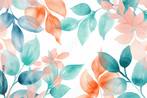 Watercolor pastel peach pink and teal leaves and flowers pattern on white background