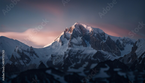 close up view of snow-covered rocky mountain peak. after sunset the lower parts of the mountain are dark and the peak is light