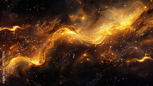 golden ink swirls, shiny gold swirls create a cozy glow on a dark, abstract canvas, adding a touch of warmth and elegance