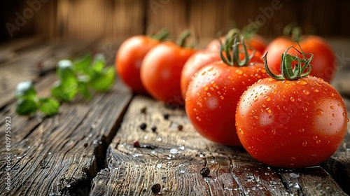 A quintet of tomatoes perched on a wooden table adjacent to a parsley sprig