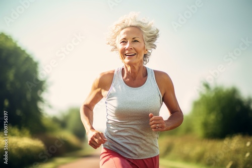 Joyful mature lady running outdoors on a sunny day, embracing a healthy lifestyle