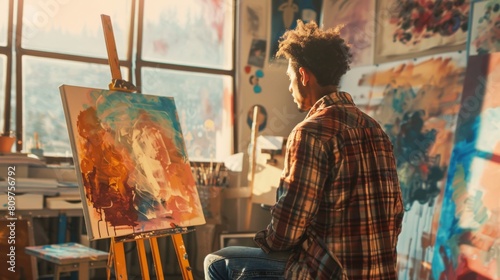 Artist Immersed in Painting in a Sunlit Studio
