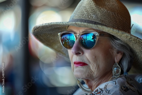  mature woman sitting at a café wearing a floppy sun hat 