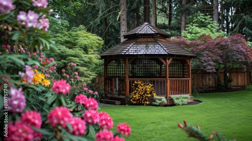 garden gazebo retreat, a tranquil backyard gazebo surrounded by trees and blossoms creates a serene escape to relax and enjoy the beauty of nature