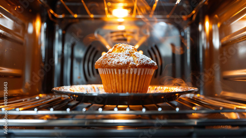 Cup with delicious muffin in microwave oven closeup