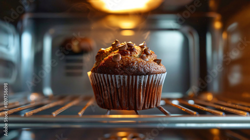 Cup with delicious muffin in microwave oven closeup