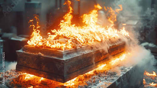 Crematorium, a coffin with a human body burns in the crematorium oven.