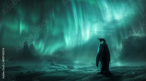 Penguins against the northern lights at the south, north pole