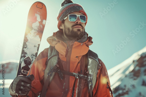 Handsome skier man holding ski equipment in hand.