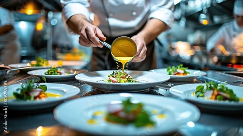  A chef pouring sauce on a platter of food before other dishes