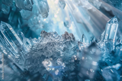 Photo of a cave with aquamarine crystals illuminated by the sun's rays