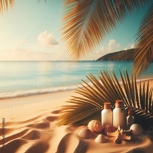 sunrise on the beach with palms and sea, generative ai