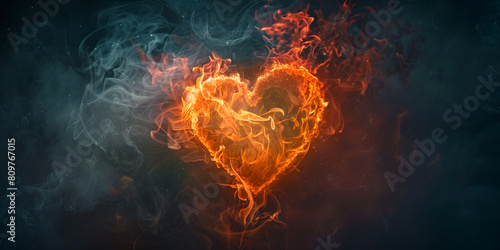 Burning Heart flames and smoke swirl around heart shaped Hot fires flames in heart shape abstract texture