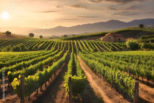 A lush vineyard at golden hour, with rows of grapevines stretching into the distance