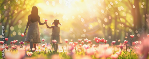 A young girl and her mother are walking through a field of flowers. The sun is shining brightly, casting a warm glow on the scene. The flowers are in full bloom, creating a beautiful