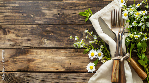 Cutlery napkin and flowers on wooden background closeup