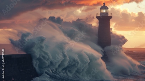 A lighthouse is in the middle of a huge wave