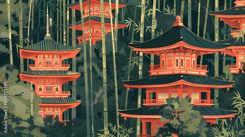 Serene pagodas nestled in a lush bamboo forest