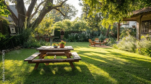 outdoor entertaining, wooden picnic table in backyard ideal for summer gatherings and outdoor meals with loved ones, great spot for hosting friends and family