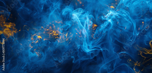 Golden yellow highlights add luxury to neon blue smoke in concert settings.