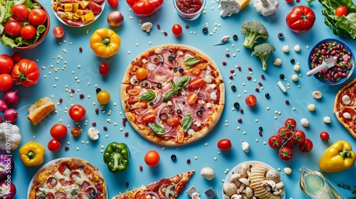 Flat-lay of pizzas surrounded by diverse fresh ingredients and spices on a vibrant blue background, highlighting variety in toppings.