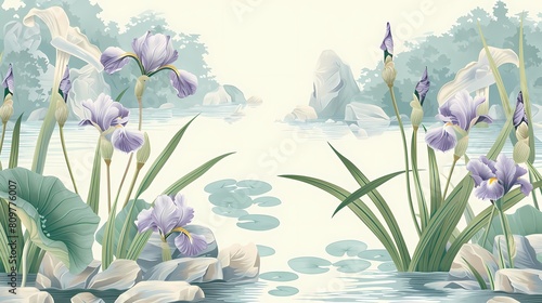 Tranquil lake with blooming irises and serene waterscape