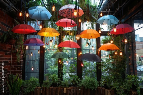 A cozy indoor space adorned with hanging garnet and umbrellas amidst lush green plants and warm lights