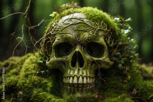 Haunting Skull moss nature. Park natural. Generate Ai