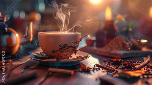 tea with milk in an elegant cup at sunset, warm light