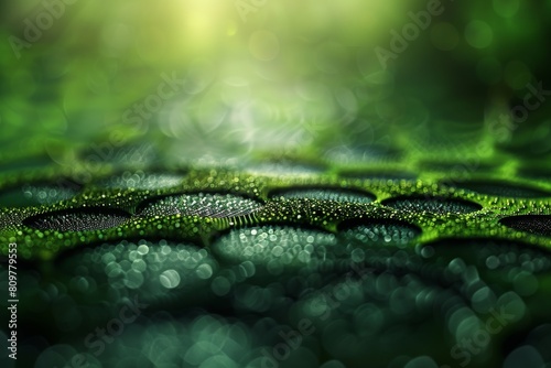 A close-up image capturing the intricate details of morning dew on fresh green leaves