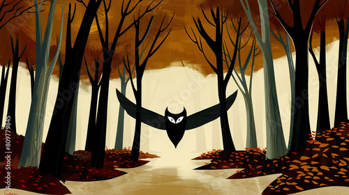 Mothman, Wings, Cryptid, wandering through an eerie forest filled with ghostly whispers, fog rolling in, digital art, Backlights, Vignette, Fish-eye lens view