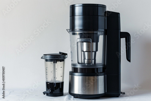 A high-speed juicer with a brushed metal finish and a large juice pitcher isolated on a solid white background.