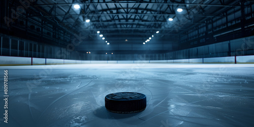  Hockey arena with puck close up sport ice rink stadium Puck on Icy Surface in Dramatic Arena Lights