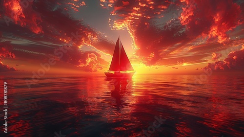  A sailboat glides serenely through a tranquil expanse of water as the sun sets majestically beyond the horizon