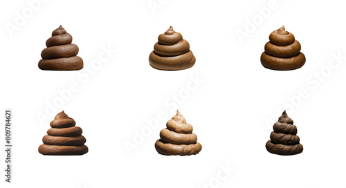 Set of realistic 3D poop in various shapes. Isolated transparent PNG background. Brown fecal matter piles. Pet poop. doo-doo. Comical concept. Wet and dry. collection 01