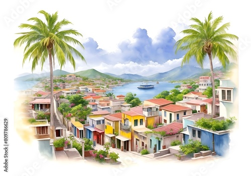 Haiti Country Landscape Watercolor Illustration Art