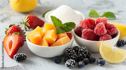 Arrange a variety of alternative sweeteners (stevia, erythritol, monk fruit) beside a bowl of fresh fruit