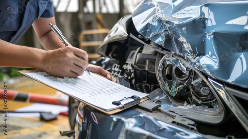 An insurance agent assessing and writing on a clipboard about the damage to a car involved in a crash.