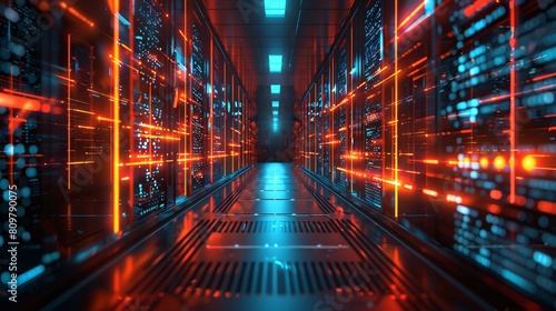A high-tech data center, with rows of glowing servers: Strengthening Data Integrity with Innovative Network Solutions.