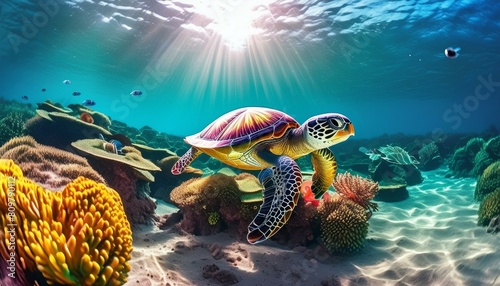 photorealistic, detailed, colorful, high-contrast, bottom tortue, mer, sous-marin, océan, eau, récif, animal, reptiles, plongeant, corail, tortue marine, nage, marin, aqualung, vert, poisson, tortue v