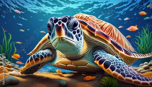 photorealistic, detailed, colorful, high-contrast, bottom tortue, mer, sous-marin, océan, eau, récif, animal, reptiles, plongeant, corail, tortue marine, nage, marin, aqualung, vert, poisson, tortue v
