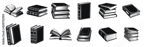 Books vector illustration. Novel, literature, encyclopedia hand drawn black on white background. Silhouette for bookstore or library.
