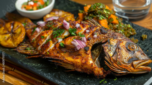 Traditional congolese cuisine: grilled fish with onions, vegetables, and plantains on a rustic slate plate