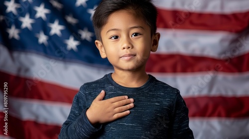 Young Boy Saluting in Front of American Flag Showing Patriotism