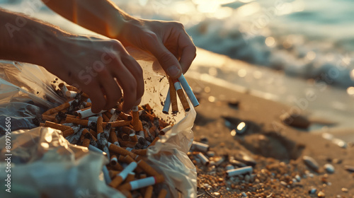 A man picks up cigarette butts on the beach. Close-up of a volunteer's hands collecting garbage on the beach. The concept of environmental responsibility