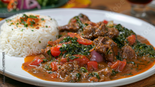 Classic african comfort food: traditional congolese beef stew with white rice and spinach, elegantly served