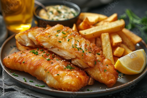 A classic dish, the image shows golden fried fish fillets with lemon and fries served on a dark plate Herbs enhance the presentation