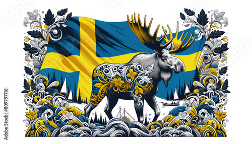 A moose drawing with a Swedish flag in the background