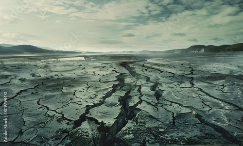 Cracked and Barren Landscape of a Parched and Sun Baked Desert Environment